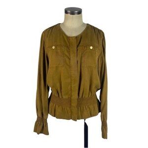 White House Black Market Smocked Soft Jacket Medium Ochre Brown Tan Zip Front